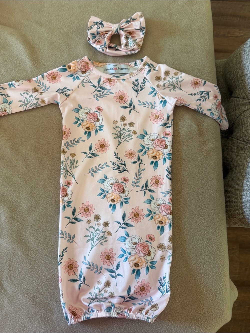 Adorable Floral Pink Baby Gown with Matching Headband